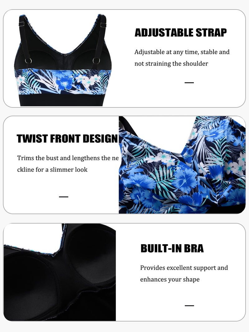 Septangle Womens Two Piece Swimsuit High Waisted Athletic Slimming Bathing Suits Tummy Control Vintage Flowy Tankini with Shorts Blue,US16 - Image 3